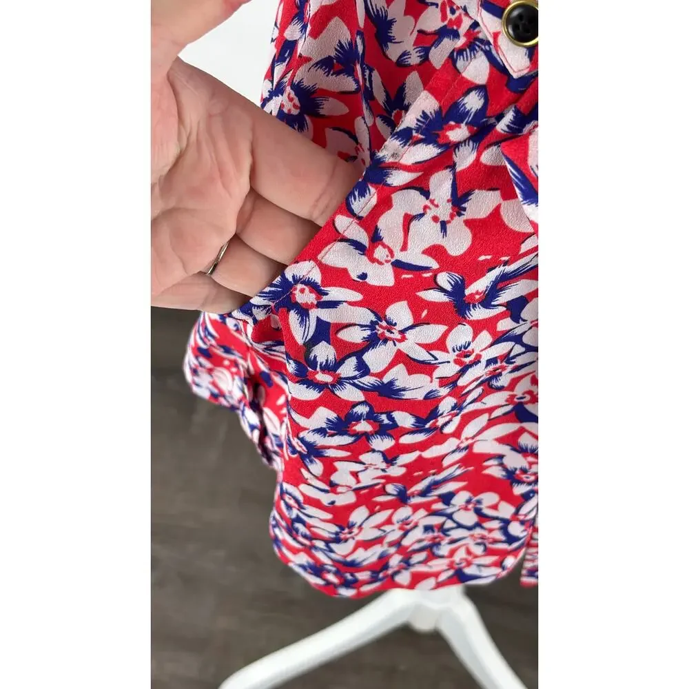 Yumi Kim Womens Floral Belted Romper Size 8 V Neck Red Blue White